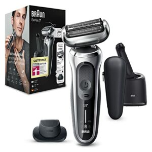 Braun Series 7 Rasierer Herren mit EasyClick Aufsatz, Elektrorasierer & Präzisionstrimmer, Reinigungsstation, 360° Flex, Wet & Dry, wiederaufladbar & kabellos, Geschenk Mann, 71-S7200cc, silber