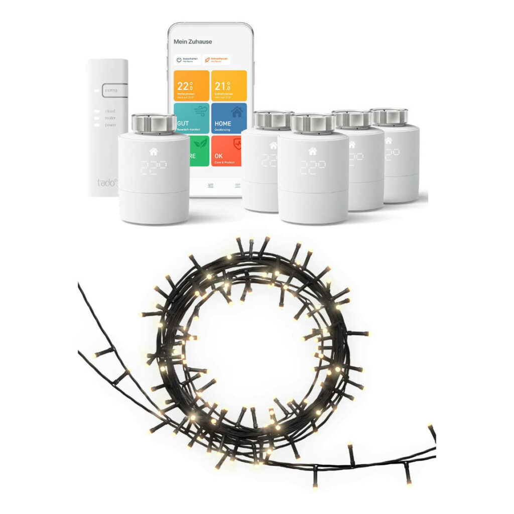 tado° Smartes Heizkörper-Thermostat Starter Kit V3+ mit 5 Thermostaten inkl. Auto Assist + Hombli Smart Christmas Lights