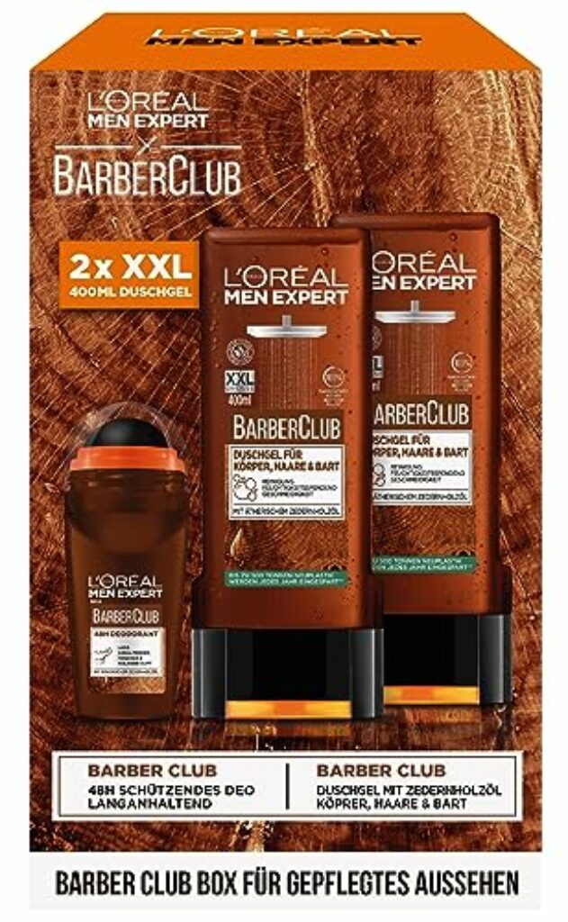 L'Oréal Men Expert Geschenk-Set für Männer mit XXL Duschgel und Deo Roll-On, Mit ätherischem Zedernholzöl, Herren Geschenkset, Barber Club Box, 2 x 400 ml, 1 x 50 ml