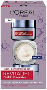 L'Oréal Paris Gesichtspflege Set, Anti-Aging Hyaluron Tagespflege und Nachtpflege gegen Falten, mit Micro-Filler Hyaluronsäure, Revitalift Filler, 2 x 50 ml