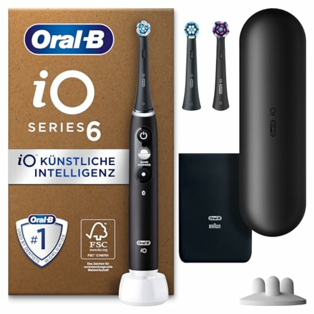 Oral-B iO Series 6 Plus Edition Elektrische Zahnbürste/Electric Toothbrush, PLUS 3 Aufsteckbürsten, Magnet-Etui, 5 Putzmodi, recycelbare Verpackung, Valentinstagsgeschenk für Ihn/Sie, black