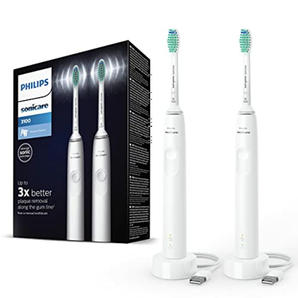 Philips Sonicare 3100 Series elektrische Zahnbürste mit Schalltechnologie Doppelpack, mit Drucksensor und Bürstenkopf-Wechselanzeige, weiß (Modell HX3675/13)