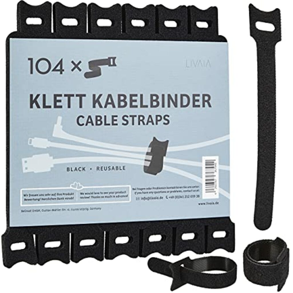 104x Klett Kabelbinder Wiederverschließbar: Klettband Kabelbinder 15cm für einfaches Ordnen von Kabeln – Kabel Organizer, Kabelmanagement – Klettverschluss Kabelbinder Klett Selbstklebend von LIVAIA