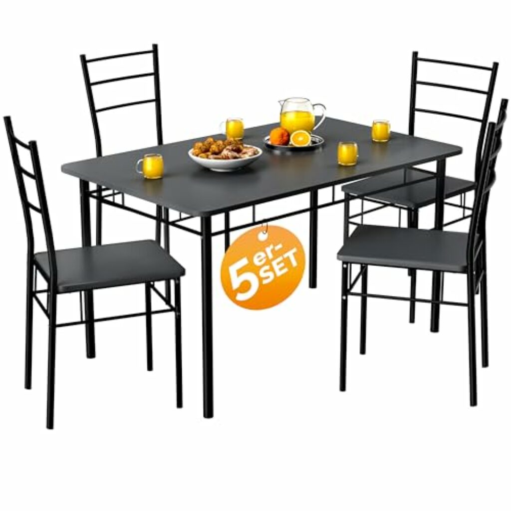 Casaria® Esstisch mit 4 Stühlen Holz 5-TLG Set Metall 110x68cm Industrial Modern Esszimmer Küche Stühle Tisch Möbel Essgruppe Sitzgruppe Leo Anthrazit