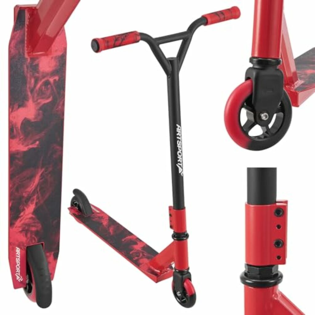 ArtSport Stunt Scooter Red Smoke - Trick Roller für Kinder & Jugendliche - 360° Lenker, 100 mm Alu Räder - Kinderroller Rot Schwarz