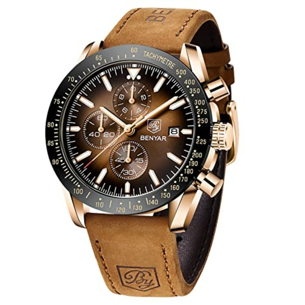 BENYAR Uhren Herren Analog Quarz Chronograph Herrenuhren Wasserdicht Leuchtende Datum Braun Lederband Armbanduhr Lässig Business-Kleid Uhren Elegantes Geschenk fur Männer