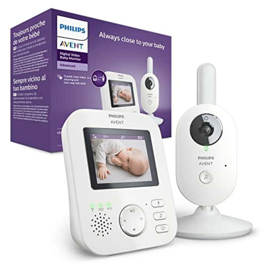 Philips Avent Babyphone mit Kamera, Tag- und Nachtsicht, hohe Reichweite, Eco-Mode, FHSS-Technologie, 2,7 Zoll Farbbildschirm, 10 Stunden Akkulaufzeit, weiß (Modell SCD833/26)