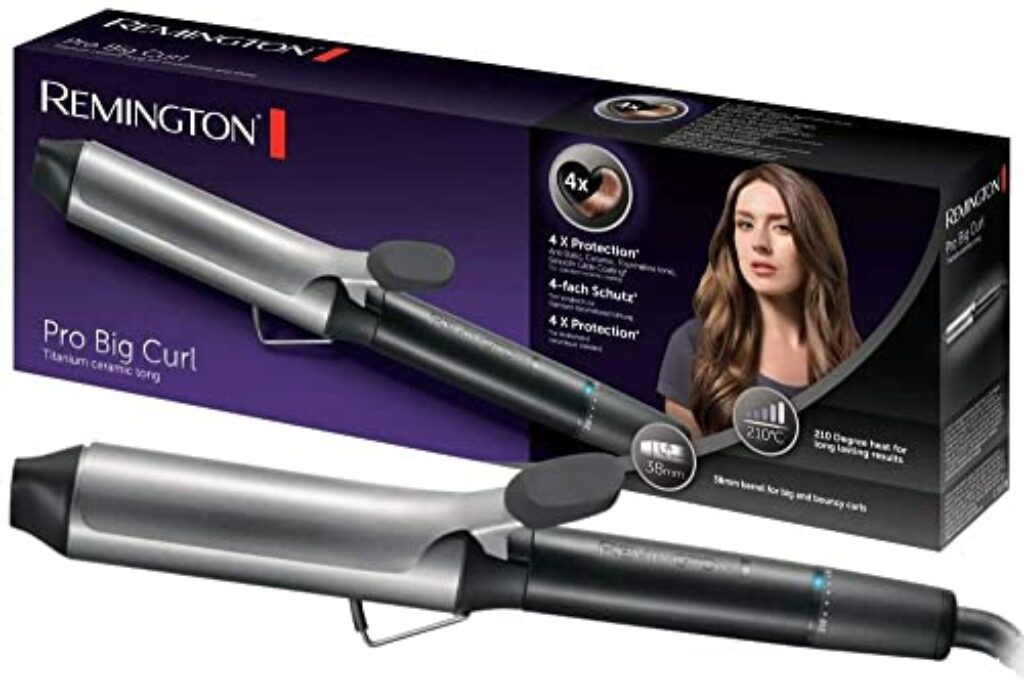 Remington Lockenstab große Locken [38mm] Pro Big Curl (4-facher Schutz, antistatischer Keramik-Turmalin-Beschichtung) Digitales-Display bis 210°C, mit Klemme, natürliche Wellen, Schwarz, CI5538