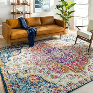 Surya Rabat Vintage Teppich - Wohnzimmer, Esszimmer, Flur, Rugs Living Room - Boho, Orientalisch Style, Kurzflor Carpet - Bunter, Beige, Rosa, Blau, Orange, Senfgelb, 160x230cm