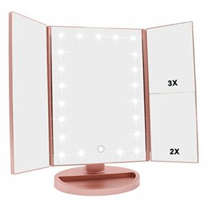 WEILY Schminkspiegel mit Beleuchtung, Faltbarer Kosmetikspiegel mit 3X/2X/1X Vergrößerung, 21 natürliche LED Lichter, Batteriebetrieben Order USB Aufladen dimmbarer Makeup Mirror (Rosengold)