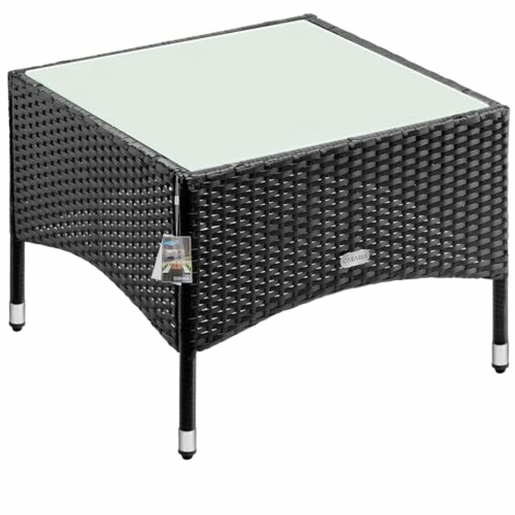 Casaria® Polyrattan Beistelltisch 58x58x42 cm Höhenverstellbare Füße 5mm Sicherheitsglas Wetterfest Gartentisch Balkontisch Kaffeetisch Outdoor Schwarz