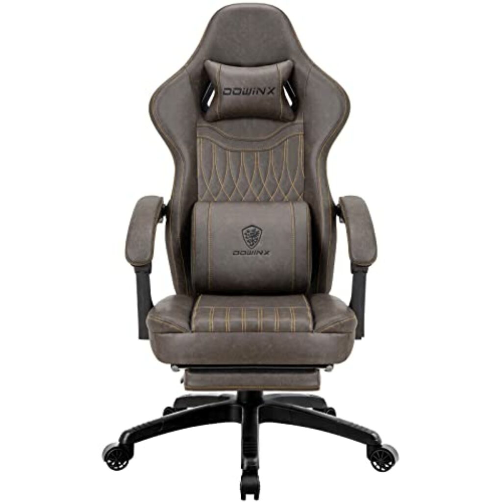 Dowinx Gaming Stuhl mit Frühling Kissen,Racing Gamer Stuhl mit Massage Lendenwirbelstütze, Ergonomischer Gaming Sessel mit Fußstütze Bürostuhl PU Leder Braun