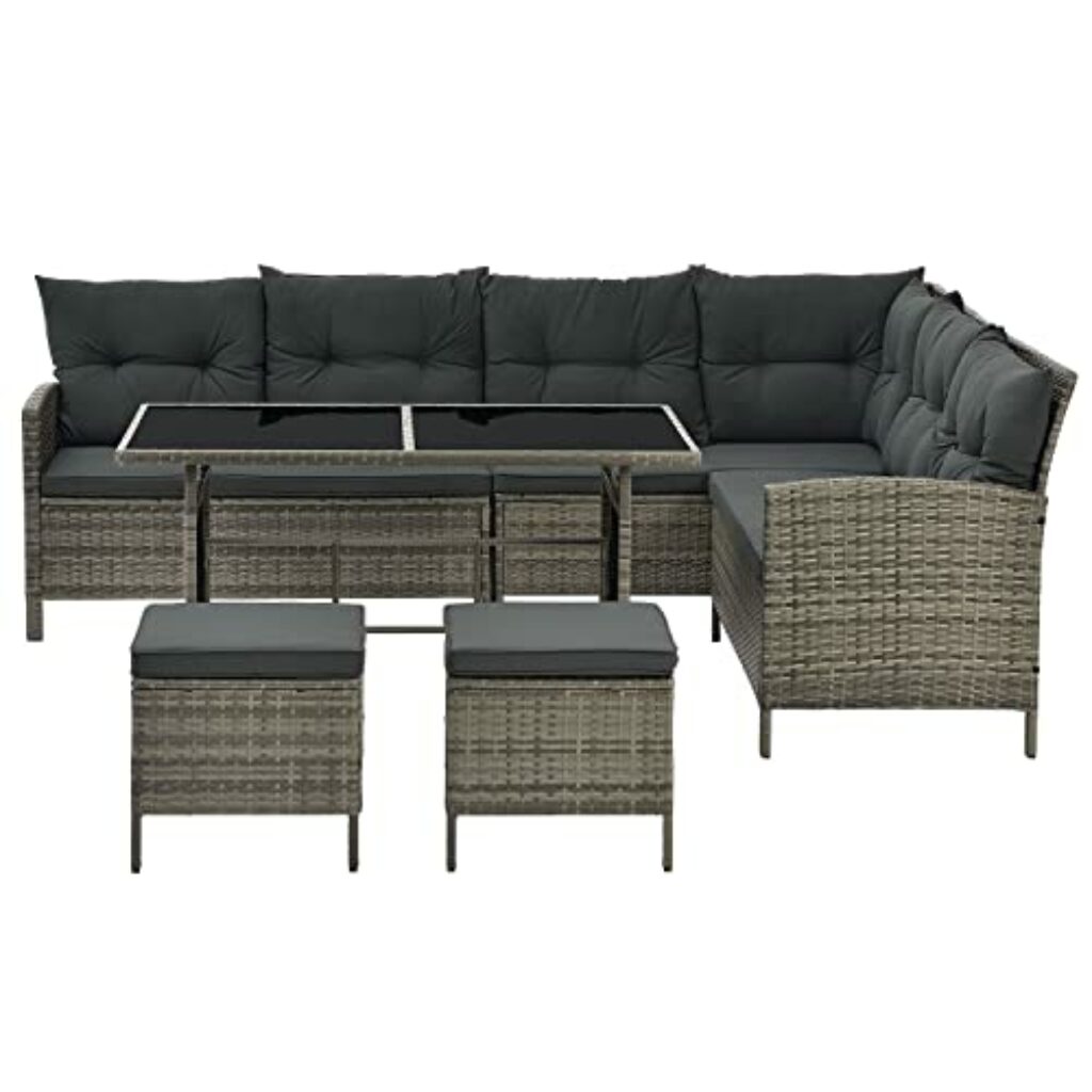 Juskys Polyrattan Lounge Manacor mit Ecksofa, Esstisch, 2 Hocker & Kissen - wetterfest bis 7 Personen - Bezüge waschbar - Rattan Garten Sitzgruppe Gartenlounge Gartenmöbel Set - Grau-meliert