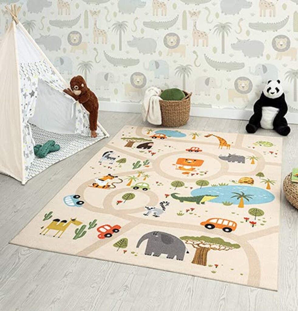 the carpet Happy Life Kinderzimmer, Kinderteppich, Spielteppich, Waschbar, Straßenteppich, Straße, Dschungel, Tiere, Auto, Beige, 80 x 150 cm