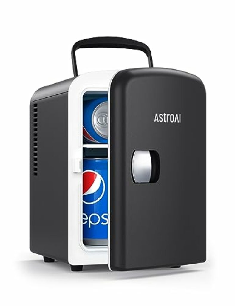 AstroAI Mini Kühlschrank, 4 Liter Fridge 6 Dosen, Kleiner Kühlschrank mit 220V AC+12V DC Netzkabel für Autos, Büros, Schlafsäle und Kosmetik, Schwarz