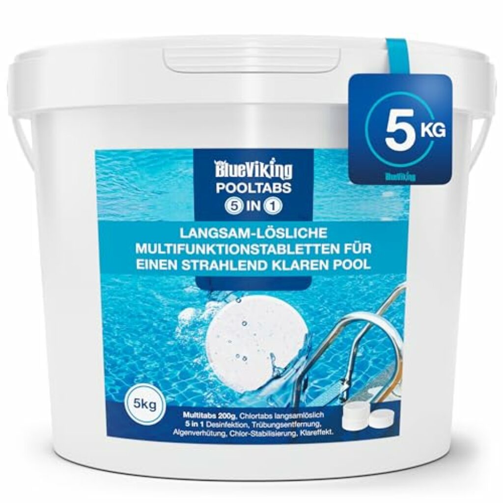 BlueViking Chlortabletten für Pool 5 in 1 - Hochwirksame Multitabs Pool 200g im 5kg Eimer - Chlor Pool Tabletten in EU Premium-Qualität - Einfache, Sichere und Effiziente Poolpflege