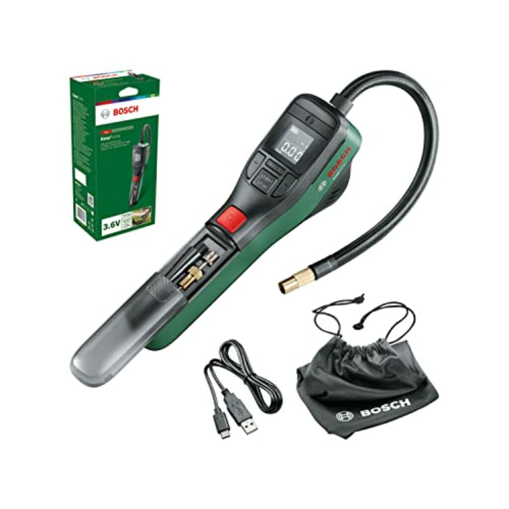 Bosch elektrische Fahrradpumpe / Luftpumpe / Mini Kompressor EasyPump (3,0 Ah Akku, 3,6 Volt, Autostop-Funktion, 150 PSI, 10,3 bar, LED, über USB-C® wiederaufladbar, im Karton)