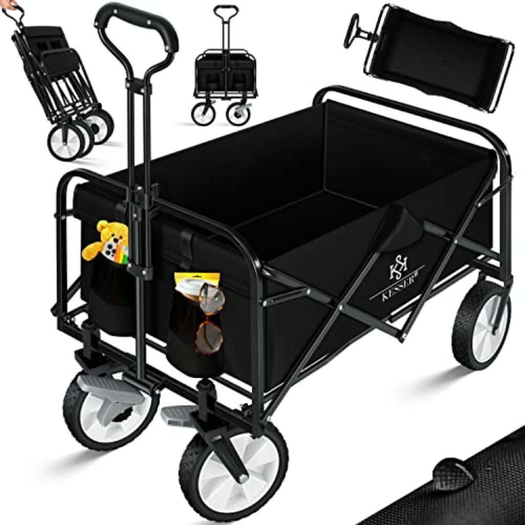 KESSER® Bollerwagen faltbar Handwagen Transportkarre Gerätewagen | inkl. 2 Netztaschen & Cover | klappbar | PVC-Reifen | bis 80 kg Tragkraft transportwagen Gartenanhänger ohne Dach, Schwarz/Black