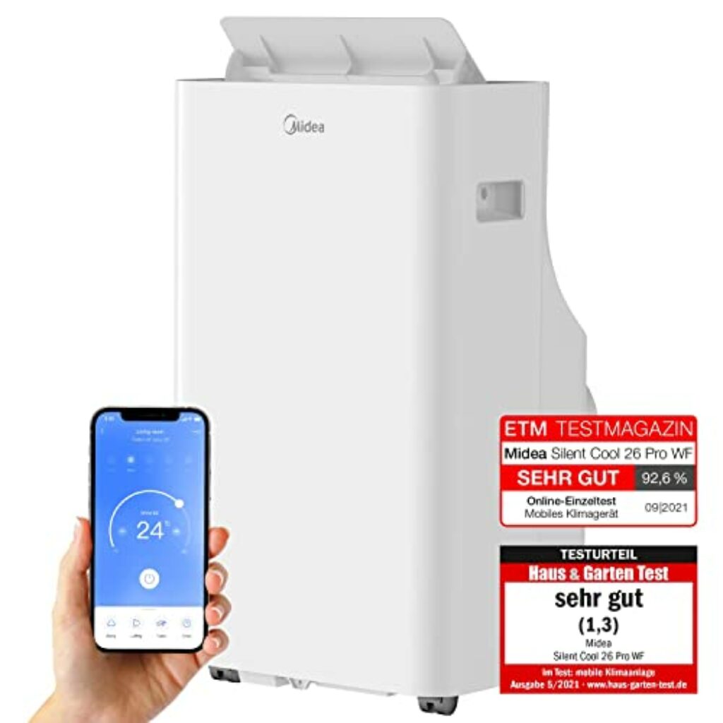 Midea Mobiles Klimagerät Silent Cool 26 Pro WF, 9000 BTU 2,6kW, Kühlen&Ventilieren&Entfeuchten, Raumgröße bis 88m³(33㎡), APP-Steuerung/Alexa/Google Home/IFTTT, Mobile Klimaanlage mit Abluftschlauch