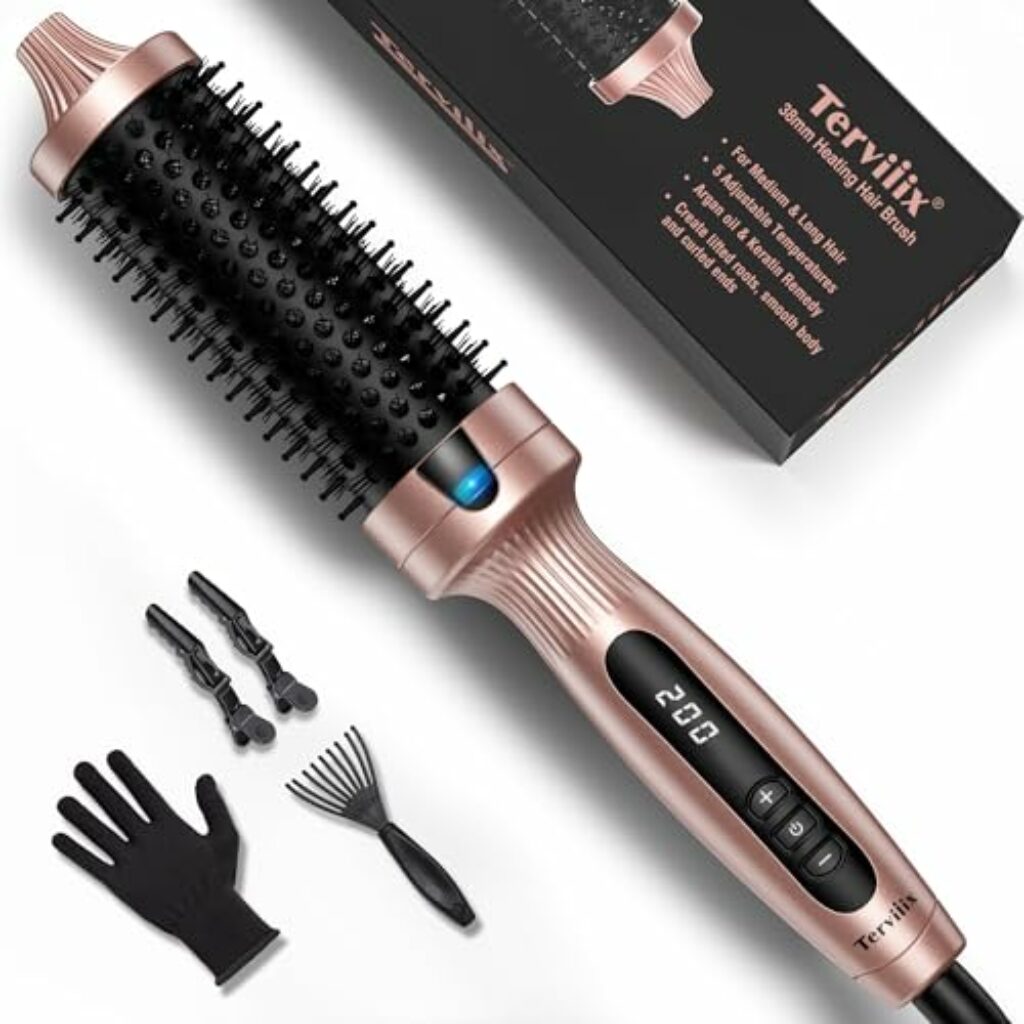 Terviiix Heiße Bürste Keramik-Turmalin-Ionen-Lockenstabbürste, 38 mm Thermal Brush Rundbürste für Wurzelvolumen und lockere Locken, Digitalanzeige, 5 Temperaturen, Bürstenvolumen, Dual-Spannung