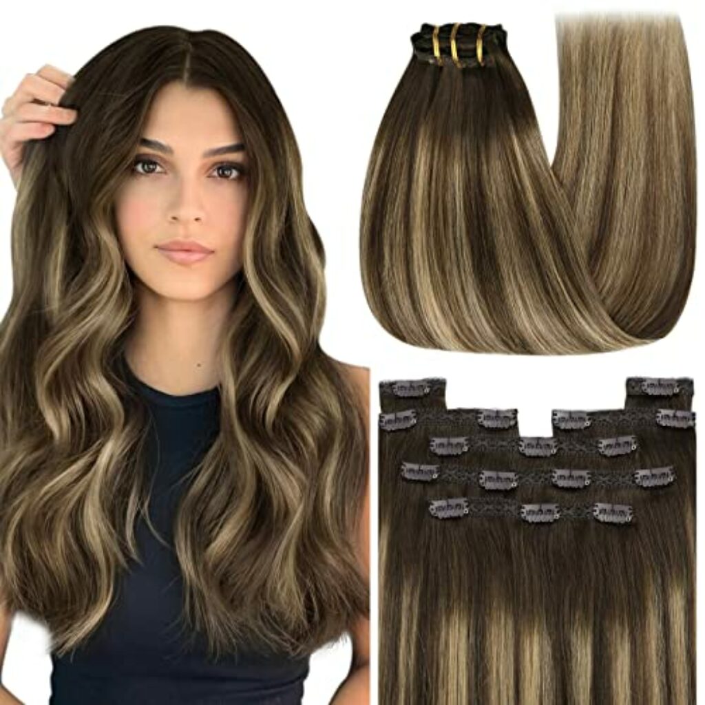 YoungSee Clip in Extensions Echthaar Ombre 40cm Echthaar Extensions Clip Dunkelbraun Balayage Karamellblond Clip in Extensions Kurz Extensions Echthaar Clip in Remy Haare 120g #4/27/4