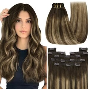 YoungSee Clip in Extensions Echthaar Ombre 40cm Echthaar Extensions Clip Dunkelbraun Balayage Karamellblond Clip in Extensions Kurz Extensions Echthaar Clip in Remy Haare 120g #4/27/4