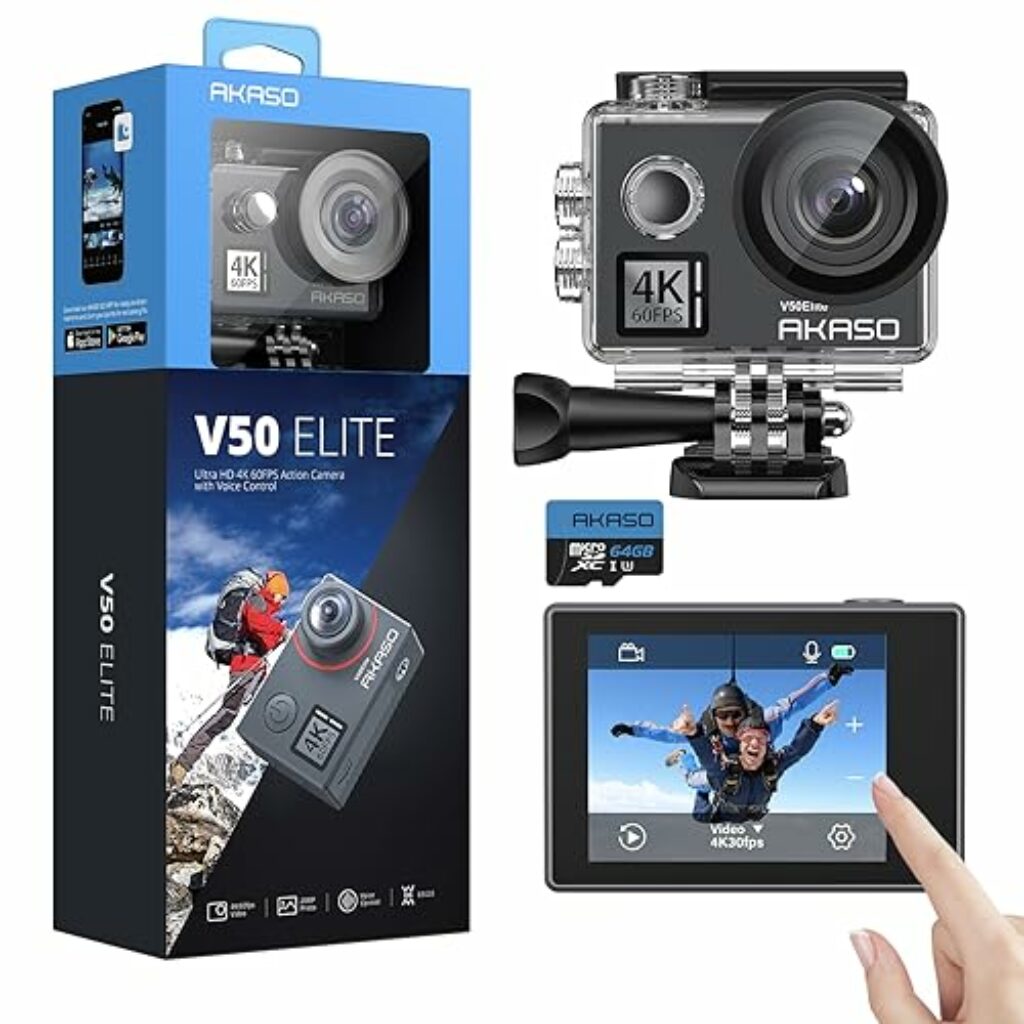 AKASO V50 Elite Action Cam,4K60FPS 20MP Unterwasserkamera mit 64GB U3 Speicherkarte WiFi mit Touchscreen EIS 40M Sportkamera 8X Zoom Sprachsteuerung Fernbedienung Zubehör Kit