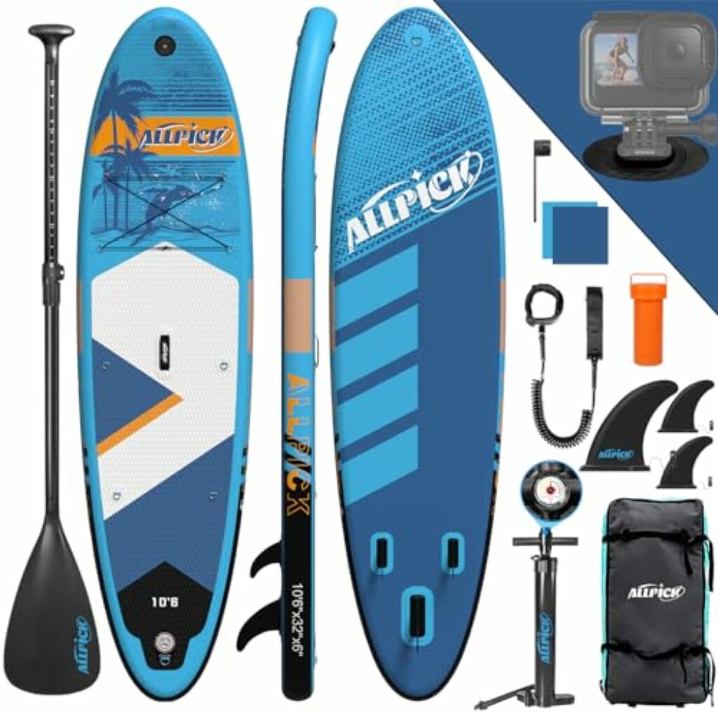 ALLPICK Premium SUP Board Set | Stand Up Paddling Board Aufblasbar | Mit Universal Kamerahalterung | Komplettes Zubehör | Verstellbares Paddel | Anfänger & Fortgeschrittene | Himmelblau