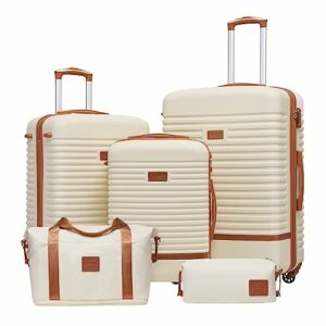 COOLIFE Koffer Trolley Koffer Reisekoffer von ABS Hartschalen Trolley 4 Rollen TSA-Schloss Der Koffer Enthält 1 Reisetasche und 1 Kulturbeutel (Weiß/Braun, Koffer-Set 5tlg)