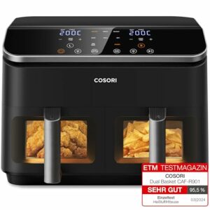 COSORI Heißluftfritteuse mit Doppelkammer, 8.5L Max Airfryer mit Zubehör, Heissluftfritteuse mit 50+ Online Recepte, 8 in 1 Funktionen, Sichtfenster, Energiesparend, Schwarz