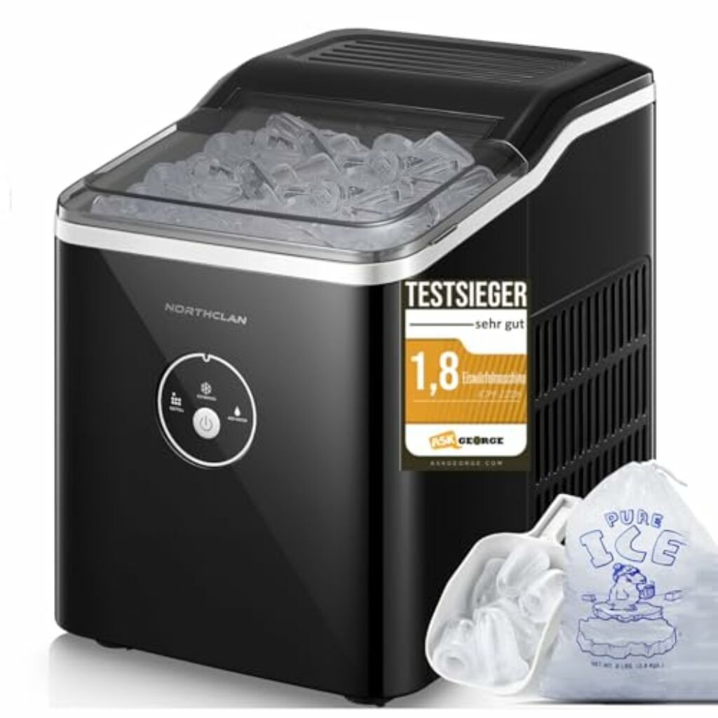 Eiswürfelmaschine Testsieger 2024, 14 kg 24 Stunden, 9 Eiswürfel in 6-8 Minuten, Gerauscharmer Betrieb, 120W Ice Maker mit Schaufel u. Korb, Eiswürfelbereiter für Zuhause, Büro, Schwarz