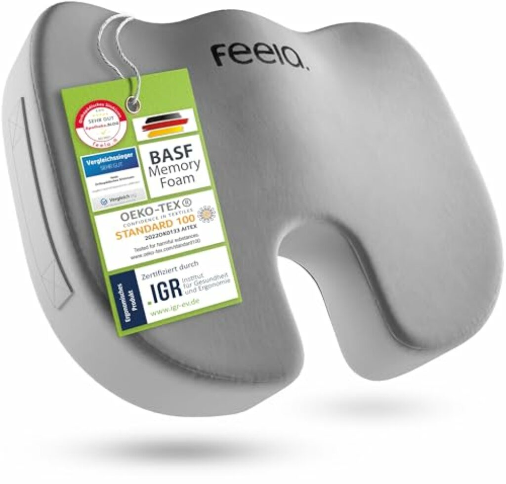 feela.® Orthopädisches Sitzkissen [3 Härtegrade] - Ergonomisches, für Bürostuhl & Co - Wirkt Schmerzreduzierend, Erhöht Sitzkomfort, Fördert Durchblutung und Entlastet das Steißbein (Hart)