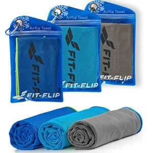 Fit-Flip Kühlhandtuch 3er Set - cooling towel und mikrofaser Kühltuch - kühlendes Handtuch - Airflip towel für Fitness und Sport - Ice towel (dunkel blau-grün/grau-blau/blau-dunkel blau, 100x30cm)