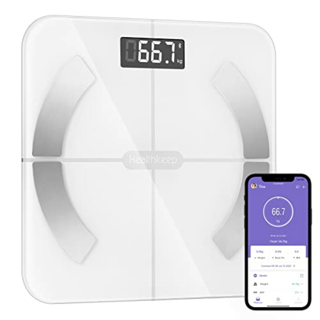 Körperfettwaage, Bluetooth Personenwaage mit App, Smart Digitale Waage für Körperfett, BMI, Gewicht, Muskelmasse, Wasser, Protein, Skelettmuskel, Knochengewicht, BMR, 26 * 26cm