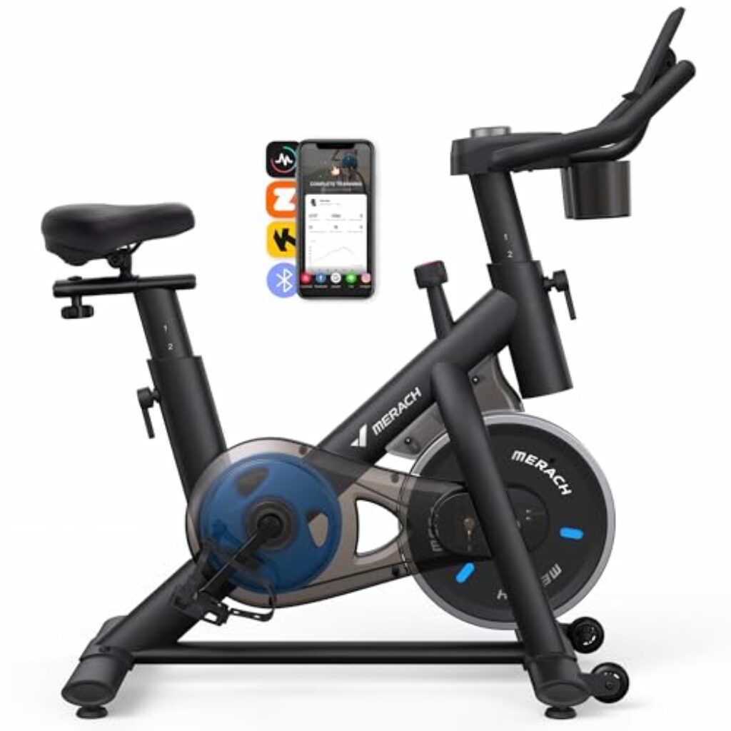 MERACH Heimtrainer Fahrrad, Leises Hometrainer Fahrrad mit Verbessertem LCD-Monitor, Spinning Bike Indoor mit Stufenlosem Magnetwiderstand für Kardio Training zu Hause, Mit Eigener App, Bis 122 KG