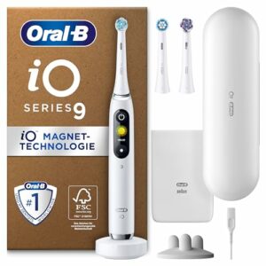 Oral-B iO Series 9 Plus Edition Elektrische Zahnbürste/Electric Toothbrush, PLUS 3 Aufsteckbürsten, 7 Modi für Zahnpflege, Lade-Reiseetui, Designed by Braun, white alabaster