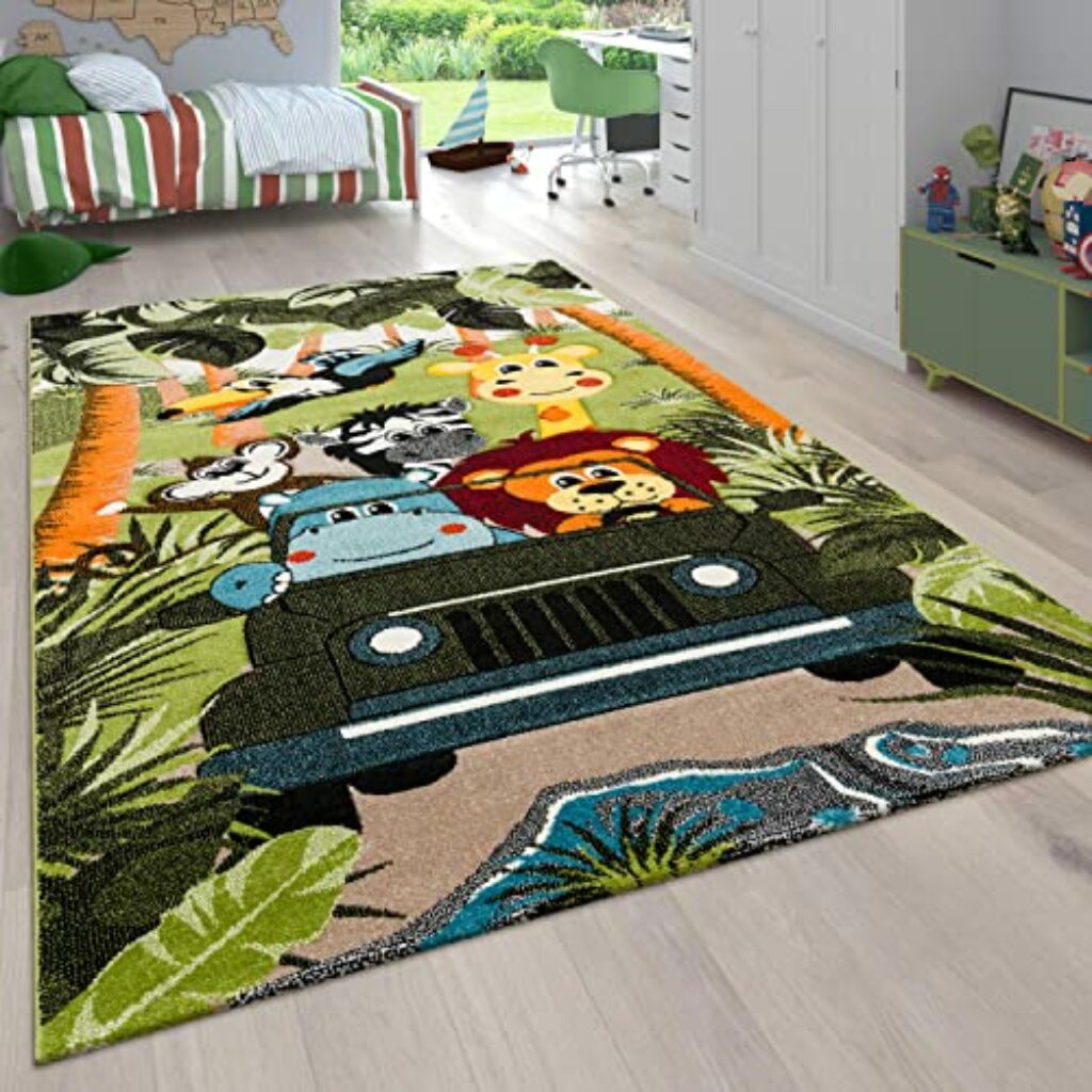 Paco Home Kinderzimmer Kinderteppich für Jungen mit Tier u. Dschungel Motiven Kurzflor, Grösse:80x150 cm, Farbe:Grün 6