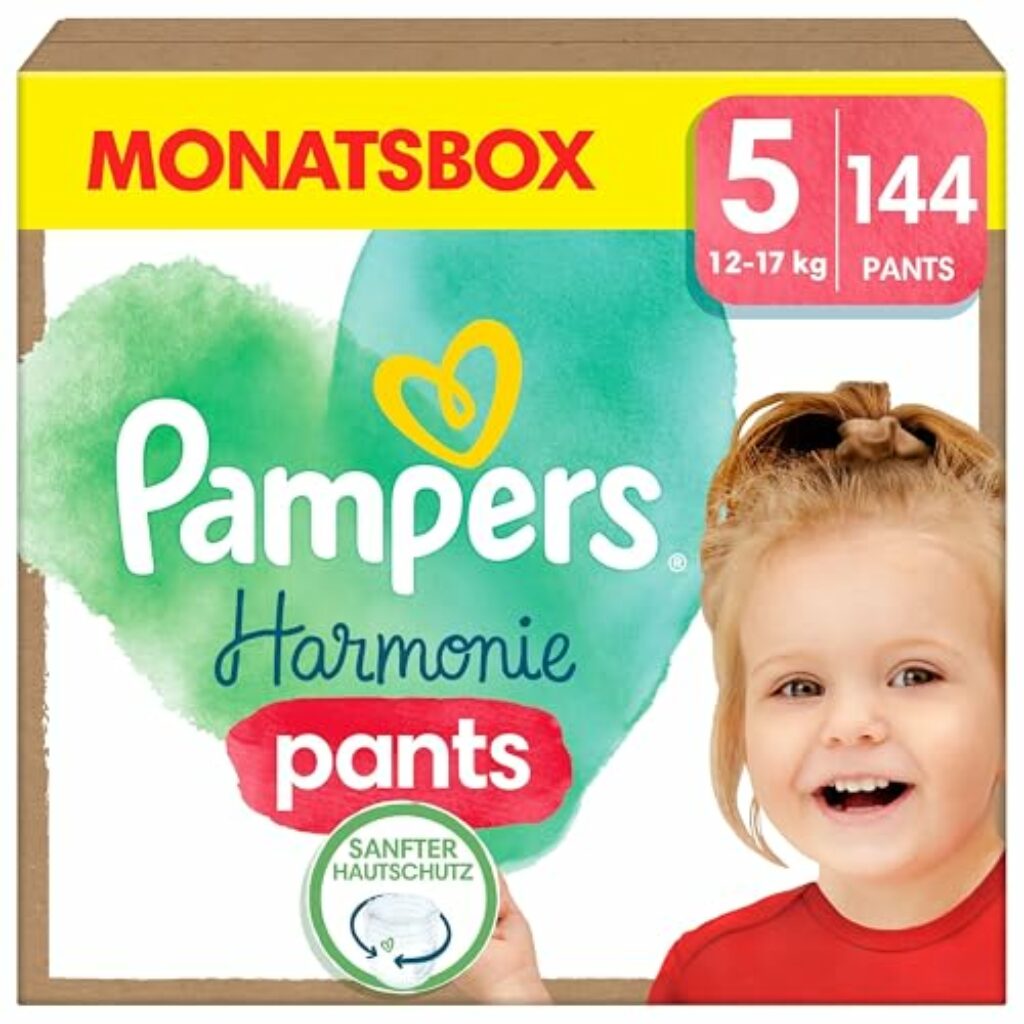 Pampers Harmonie Windeln Pants Baby, Größe 5 (12kg-17kg), Monatsbox, sanfter Hautschutz und pflanzenbasierte Inhaltsstoffe, 144 Höschenwindeln