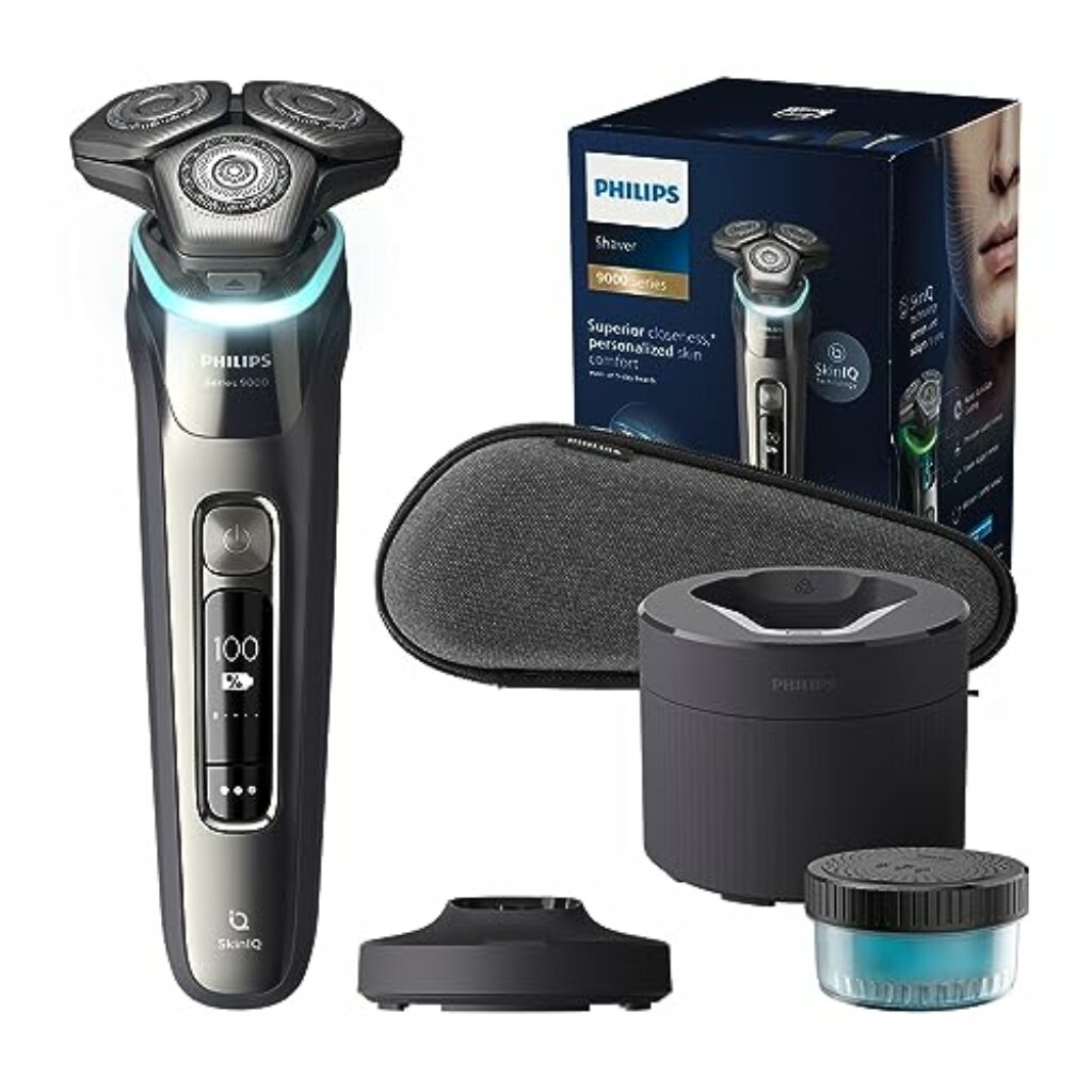 Philips Shaver S9000 – Elektrischer Nass-& Trockenrasierer für Männer, Dunkelchrom, Lift & Cut System, SkinIQ Technologie, Barttrimmer, Reinigungsstation, Ladestation & Reiseetui (Modell S9974/55)