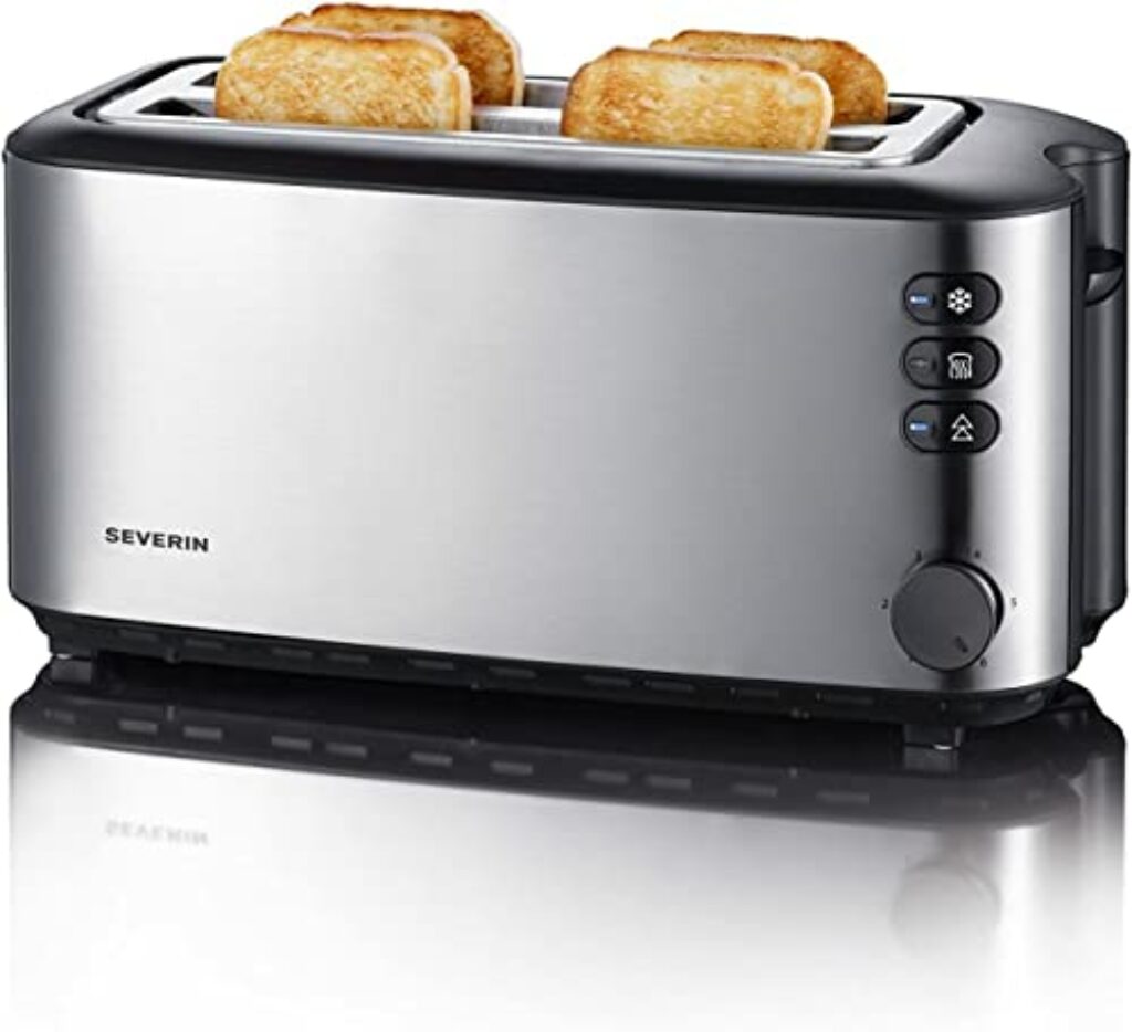 SEVERIN Automatik-Langschlitztoaster, Toaster mit Brötchenaufsatz, hochwertiger Edelstahl Toaster mit großen Röstkammern und 1400 W Leistung, Edelstahl-gebürstet/schwarz, AT 2509