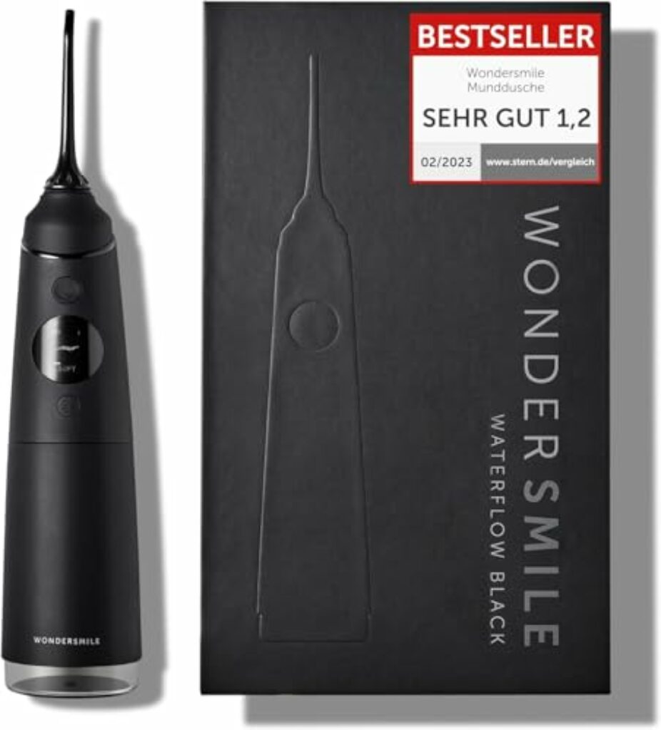 Wondersmile Munddusche PRO - SmoothFlow-Technologie für optimale Zahn- & Zahnfleischpflege - Zahnzwischenraumreiniger mit 4 Modi - PowerAkku mit bis zu 30 Tagen Laufzeit (Ultimate Black / 1er Pack)