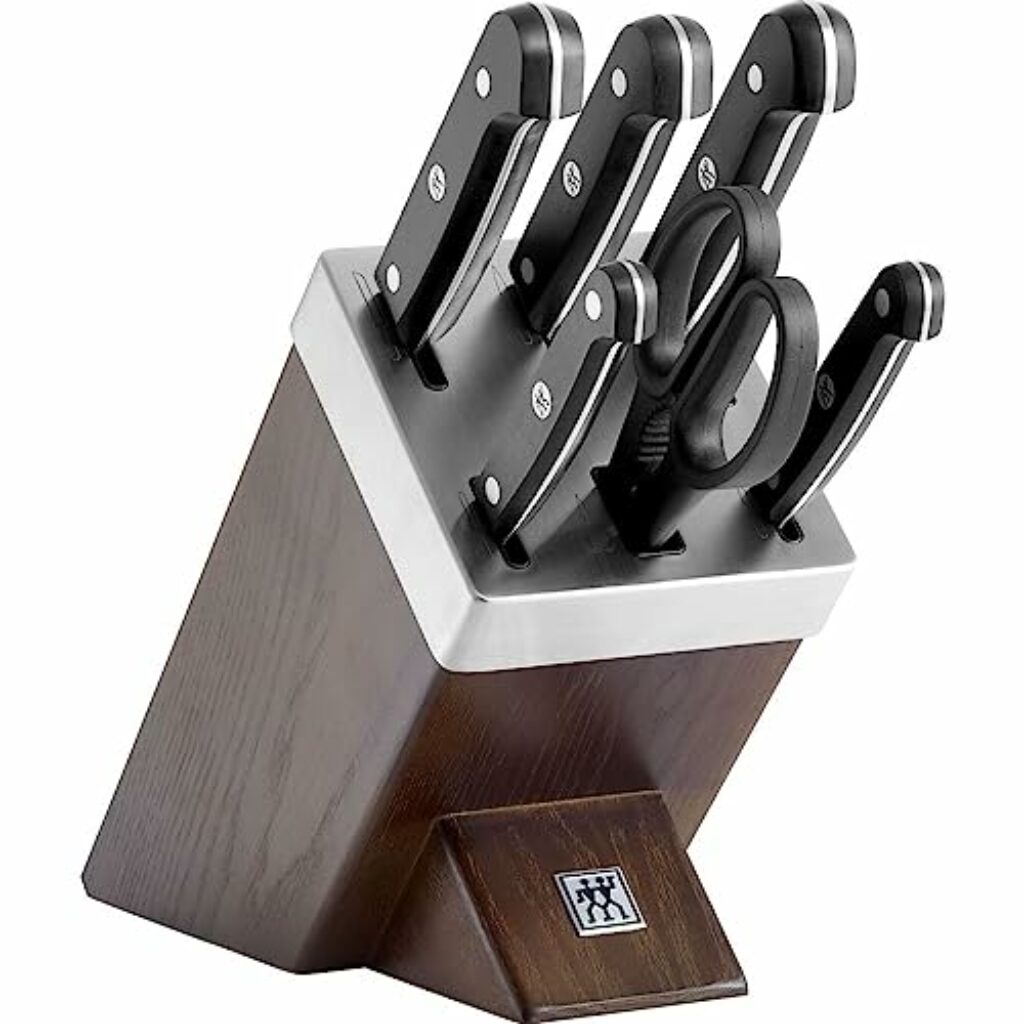 ZWILLING Gourmet Selbstschärfender Messerblock, 7-teilig, Messer und Schere aus rostfreiem Spezialstahl/Kunststoff-Griff, Holzblock Esche, Braun [Made in Germany]