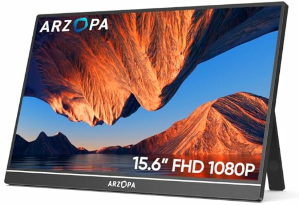 ARZOPA Tragbarer Monitor, 15.6" 1920×1080 FHD IPS Portabler Monitor für Laptop mit Einer Stütze, Ultra-Dünner Zweitbildschirm für Laptop/PC/Mac/PS3/4/5/Xbox - USB C & HDMI Anschluss - A1