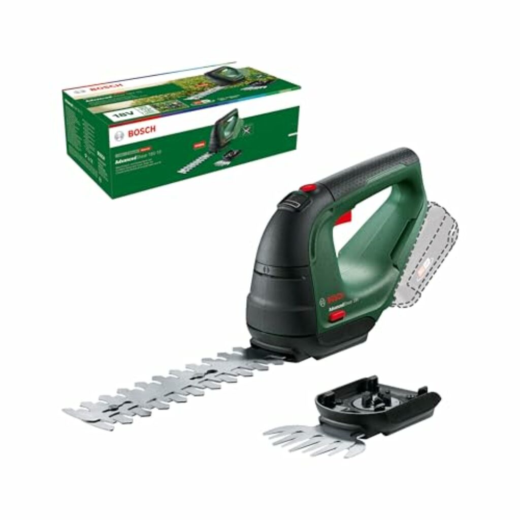 Bosch Akku Grasschere AdvancedShear 18V-10 (ohne Akku, 18-Volt-System, schneidet bis zu 85 m² pro Akkuladung, mit Strauch- und Grasscherenmesser, im Karton)