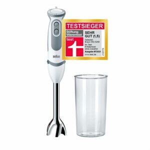 Braun Stabmixer MQ 5200WH - MultiQuick 5 Vario Pürierstab mit Edelstahl Mixfuß, 1000 Watt, inkl. 600 ml Mix- & Messbecher, weiß/grau