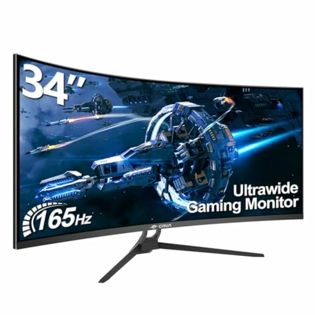 CRUA Gaming Monitor 34 Zoll (86cm Bildschirm) 3440X1440P WQHD, 165Hz DP, 144Hz HDMI, 1ms (VRB), 2xHDMI 2.0, DP 1.4, Curved, höhenverstellbar, DP/HDMI FreeSync Premium