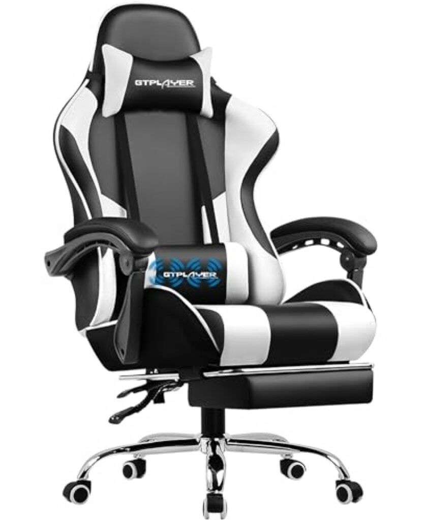 GTPLAYER Bürostuhl Gaming Stuhl Massage Gaming Sessel Ergonomischer Gamer Stuhl mit Fußstütze, Kopfstütze Massage-Lendenkissen, Gepolstert Gaming Chair, Drehsessel Weiß