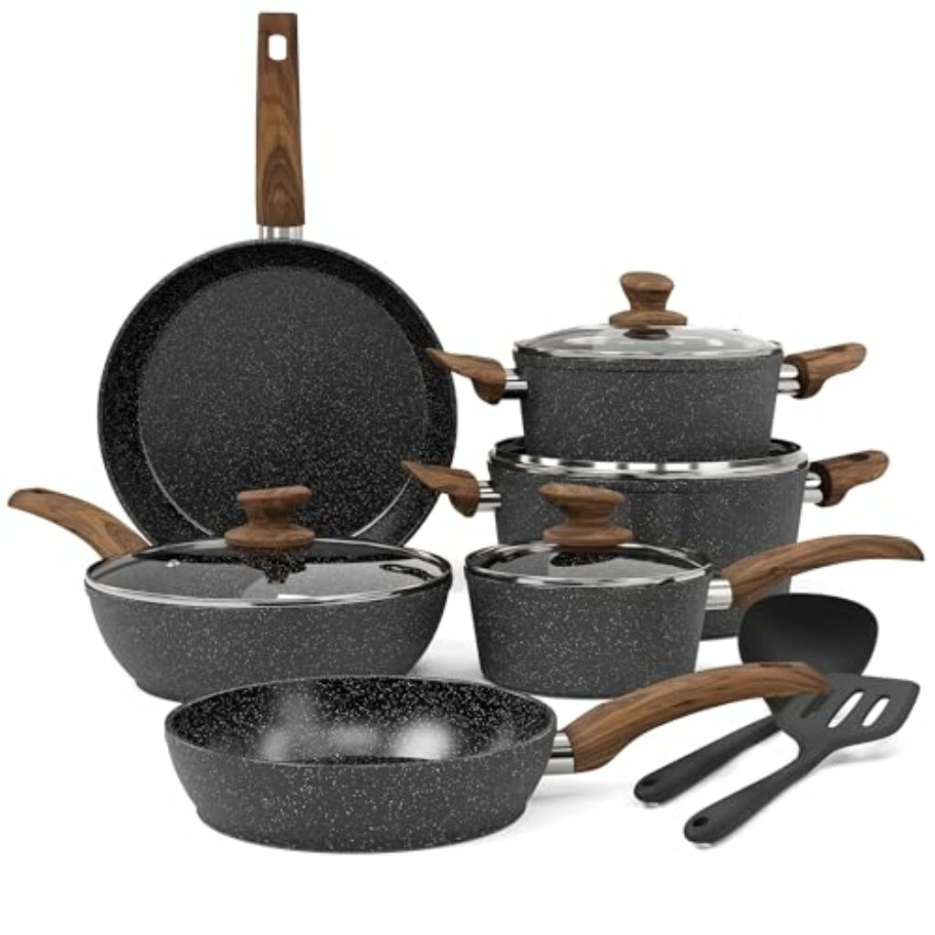 Kitchen Academy Induktion Töpfe Set - 12-teilige Schwarze Granit Kochtöpfe Set,Antihaft Topfset und Pfannen Set,PFOA & PFOS-freie