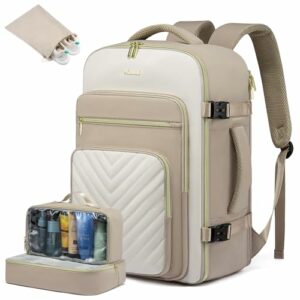 LOVEVOOK Handgepäck Rucksack Flugzeug, 40L Reiserucksack Damen Groß, Wasserdicht Laptop Rucksack Damen 17 Zoll mit Laptopfach, Travel Backpack Handgepäck Tasche für Reise Arbeit Business, Beige Khaki