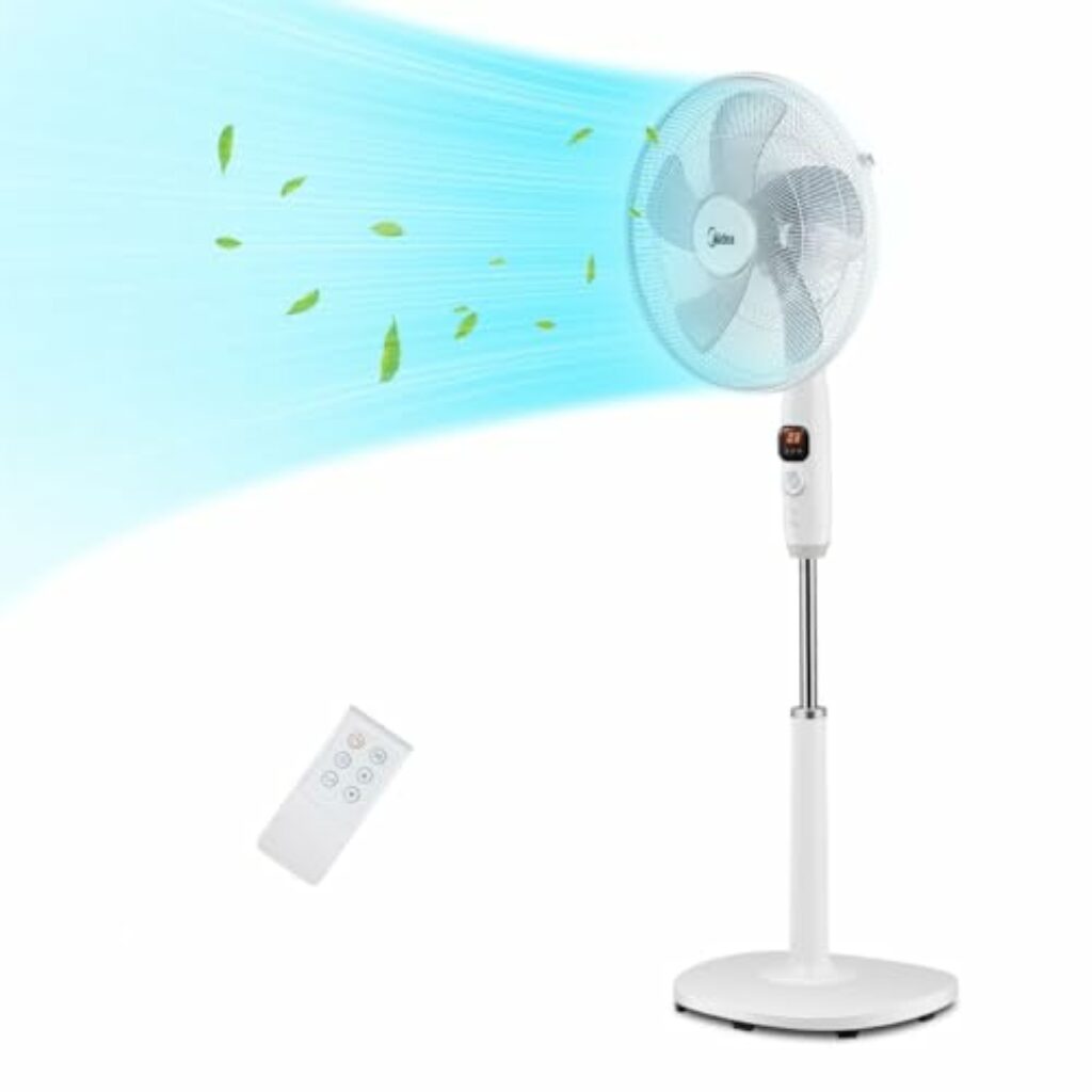 Midea FS40-16CR DC Motor Standventilator leise Extreme,mit Fernbedienung,12 Geschwindigkeiten,12H Timer,4 Modi,LED-Anzeige,energiesparend,27 dB,höhenverstellbar,Luftzirkulation, Weiß